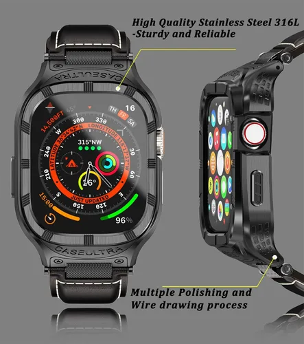 Miniatura 2 de Funda de acero inoxidable compatible con Apple Watch Ultra 2 correas para hombres de 1.929 in 1.772 in 1.732 in 1.654 in, correa de cuero genuino
