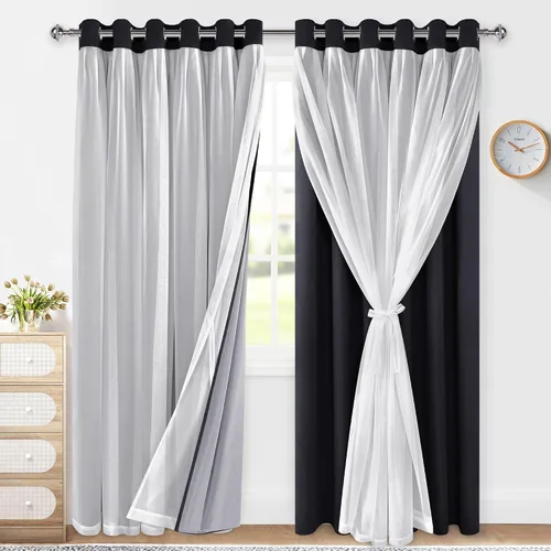 Miniatura 35 de XWZO Cortinas 100% opacas de doble capa para guardería, cortinas opacas con superposición transparente para dormitorio de niñas, cortinas
