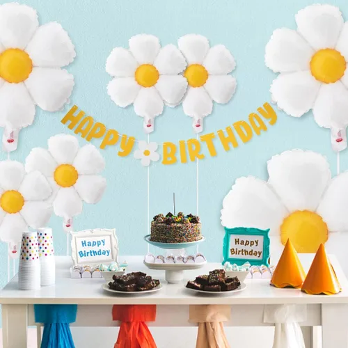 Miniatura 8 de Juego de 10 globos de margarita, pancartas de decoración de ducha, decoraciones de feliz cumpleaños, banderines de fieltro para niñas y niños