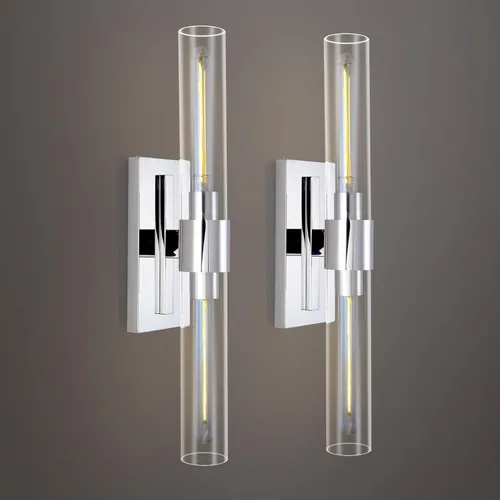 Accesorios de iluminación de tocador de baño, juego de 2 apliques de pared de tubo de vidrio, base de color níquel, luces de pared para baño,
