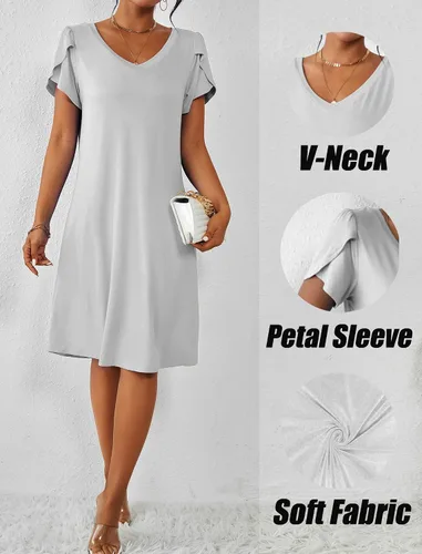Miniatura 5 de Ekouaer Camisón de manga corta para mujer, cuello en V, camisón de enfermería, mangas de pétalo, vestido de camiseta S-XXL