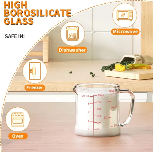 Miniatura 5 de 77L Vaso medidor de vidrio, 1 1/4 taza/10.1 fl oz, taza medidora con mango y boquilla en forma de V, vaso de vidrio con tres escalas (OZ, taza, ML)