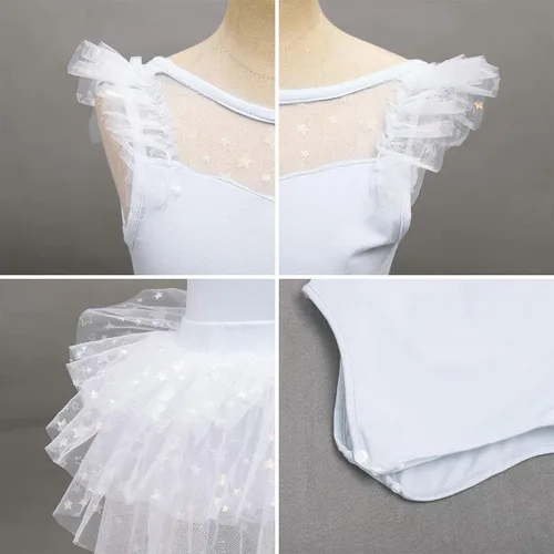 Miniatura 6 de IDOPIP Leotardo con falda de tutú de estrella con purpurina para niñas, manga con volantes, vestido de bailarina, traje de gimnasia