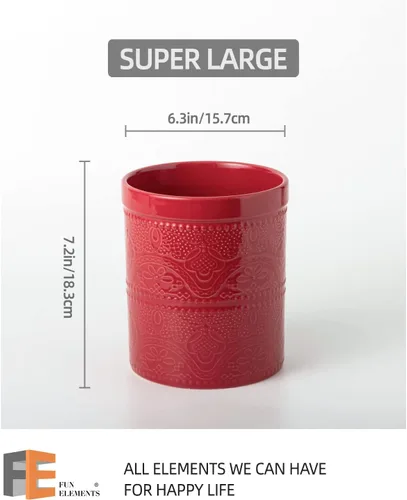 Miniatura 5 de FUN ELEMENTS Soporte para utensilios de cocina, 7.2" Recipiente para utensilios súper grande pesado y estable de cerámica con relieve de encaje