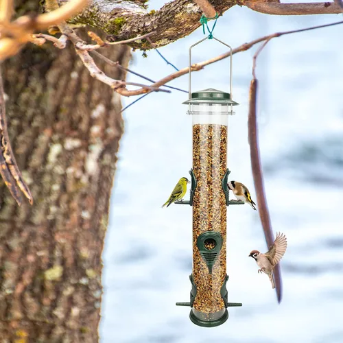 Miniatura 7 de Alimentador de metal para pájaros silvestres, alimentador de semillas de pájaros silvestres, alimentador de aluminio de seis puertos, tubo sólido