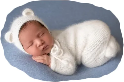Miniatura 12 de Zeroest Conjunto de punto de ganchillo para sesión de fotos para niño recién nacido, gorro de oso con pies, mameluco con pies, para fotografía