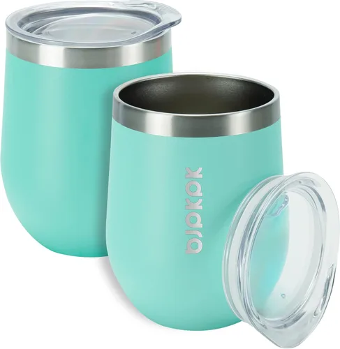 Miniatura 24 de BJPKPK 2 vasos de vino aislados de 12 onzas, tazas de café al vacío de doble pared de 12 onzas con tapa, vasos de vino de acero inoxidable A-verde