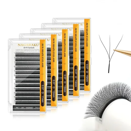 Miniatura 82 de NAGARAKU Extensiones de pestañas Double Tips 4D W, suministros con puntas dobles, gruesas con rizado D de 0.07 mm, bandeja mixta 8-15 mm, 0.07-D