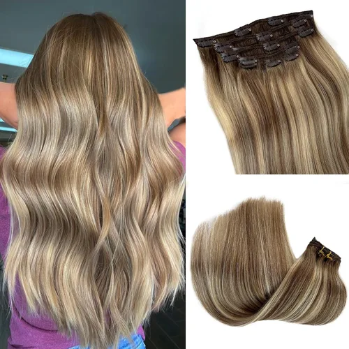 Miniatura 30 de Extensiones de cabello rubio ceniza con reflejos, extensiones de cabello humano real con clip, de 12 pulgadas, 2.47 onzas, doble trama, invisible