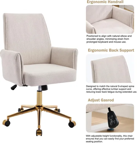 Miniatura 4 de ECHINGLE Silla de oficina ergonómica para computadora, silla de escritorio giratoria con respaldo medio con base dorada, altura ajustable para Crema