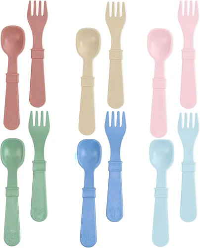 Re-Play Juego de tenedores y cucharas para niños pequeños, juego de utensilios de 6 x 6 pulgadas para niños, apto para lavavajillas y microondas,