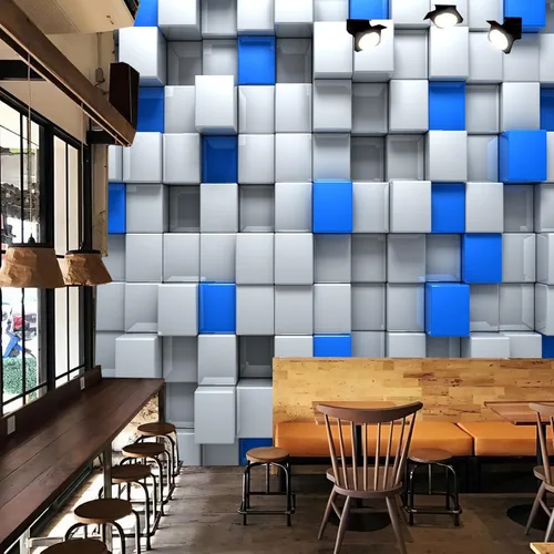Miniatura 4 de FLFK Papel tapiz autoadhesivo 3D de bloques azules y blancos, murales de pared para despegar y pegar, póster grande para sala de estar, dormitorio