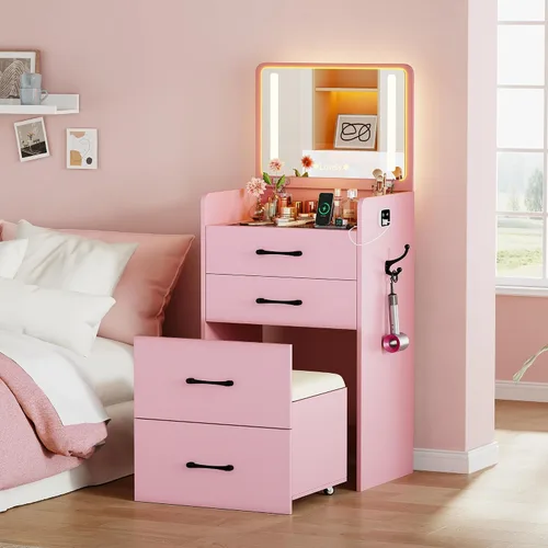 Miniatura 10 de Lvifur Escritorio de tocador 3 en 1 con espejo abatible y luces, tocador compacto con parte superior de vidrio con 3 cajones y taburete rodante