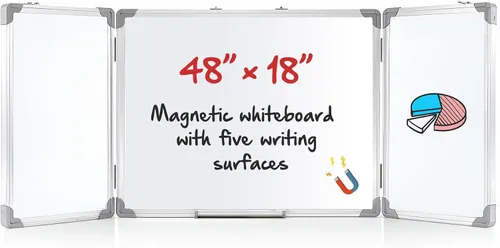 AmazingSpark Pizarra blanca plegable de 48 x 18 pulgadas, pizarra blanca plegable grande, triple pizarra magnética de borrado en seco, marco de