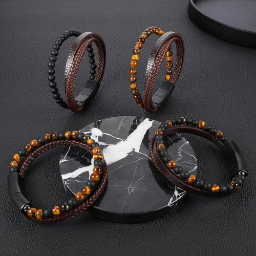Miniatura 7 de Pulseras de cuentas de cuero en capas para hombres, pulseras de cuero trenzado con ojo de tigre y piedra de lava para hombres con cierre magnético