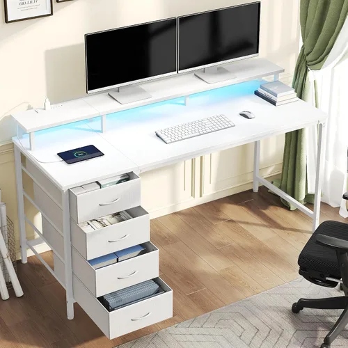 Miniatura 4 de DUMOS - Escritorio para computadora de 40 pulgadas con 4 cajones, escritorio para juegos con tomas de corriente y luces LED, estación de trabajo