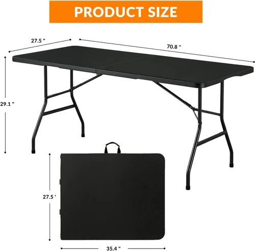 Miniatura 3 de Lakhow Mesa plegable de plástico portátil resistente de 6 pies, plegable por la mitad, mesa plegable para interiores y exteriores con fiestas, Negro