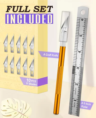 Miniatura 2 de DIYSELF 1 cuchillo de manualidades con kit de 11 cuchillas de acero inoxidable, 1 regla de acero de 0.59 pulgadas para arte, álbumes de recortes