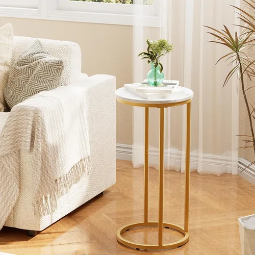 Miniatura 2 de Mesa auxiliar en forma de C, mesa auxiliar redonda de madera para sofá, mesa de sofá pequeña con marco de metal para dormitorio, sala de estar