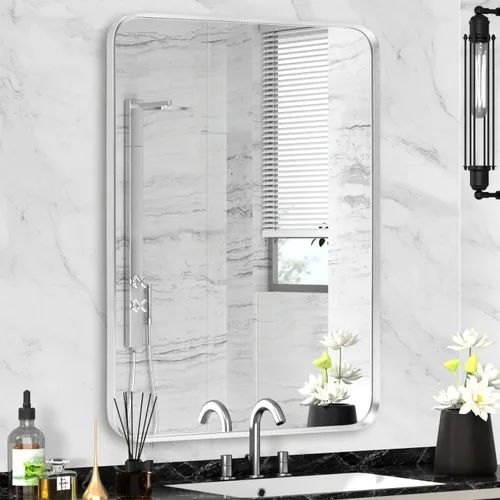Miniatura 46 de Espejo de montaje en pared para baño, espejo rectangular de tocador rectangular con marco de metal negro cepillado (16 x 20 pulgadas, negro)