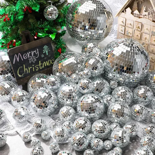 Miniatura 5 de 17 Piezas de Decoración de Bola de Discoteca: Bolas de Discoteca Colgantes de Espejo de Tamaño Variado Mini y Grande - Adornos de Navidad Plateados
