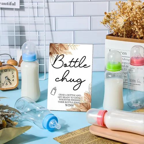 Miniatura 5 de Roowest Bottle Chug Baby Shower Game Favors 12 piezas de botellas de baby shower con 1 letrero de madera para revelación de género, suministros