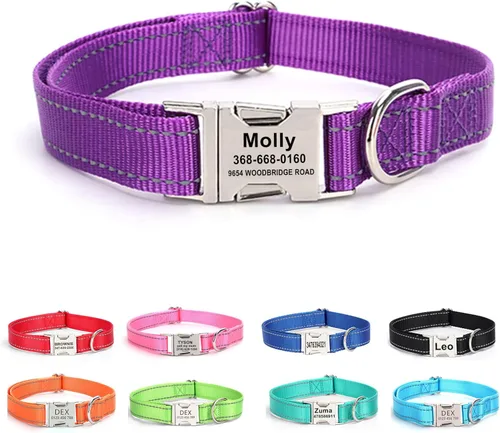 Miniatura 7 de Collar de perro personalizado con etiqueta de nombre, collar de nailon reflectante para mascotas, collares de perro con hebilla grabada Rosa