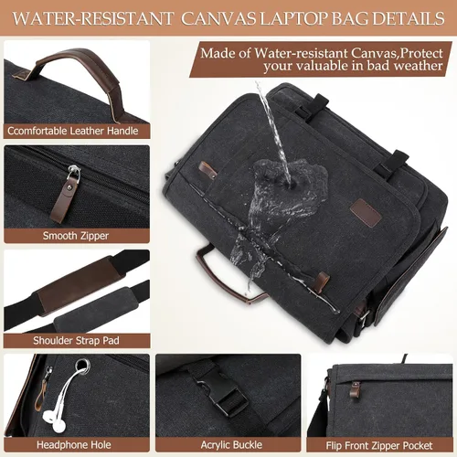 Miniatura 6 de Bolso de Mensajero de 17.3 Pulgadas para Hombre: 2 Piezas Bolso para Laptop de Cuero PU y Tela de Lona Maletín de Trabajo Grande para Oficina
