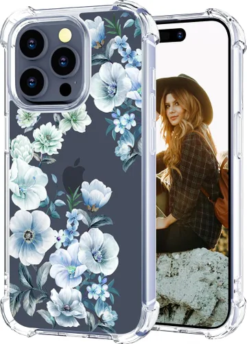 Miniatura 85 de Hungo Funda compatible con iPhone 15 Plus para mujer, diseño floral transparente, lindo, flor azul rosa Rosas Azules
