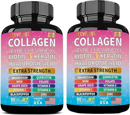Miniatura 8 de Suplemento de colágeno - Tipos I, II, III, V y X, MCG Biotina, queratina, ácido hialurónico, zinc, extracto de semilla de uva, quercetina, vitamina