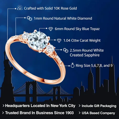 Miniatura 2 de Gem Stone King Anillo de compromiso de 3 piedras preciosas redondas de oro rosa de 10 quilates, 0.236 in, piedra natal, zafiro blanco y diamante