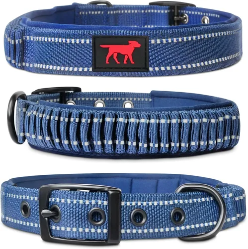 Tuff Pupper Collar de perro resistente con asa | Collar de nailon balístico resistente | Collar de perro acolchado reflectante con hardware Azul