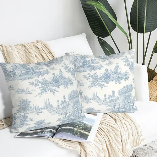 Miniatura 5 de Blue Toile - Juego de 2 fundas de almohada estilo rústico francés, fundas de almohada vintage de 18 x 18 pulgadas, para sofá, sala de estar