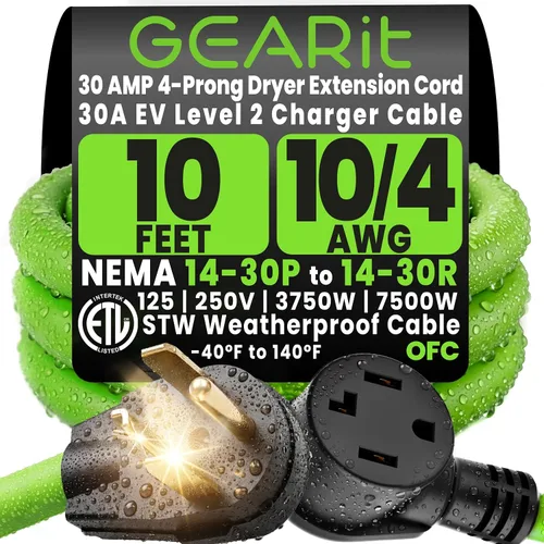 Miniatura 10 de GEARit Cable de extensión para secadora de 30 amperios, cable de extensión NEMA 14-30 de 4 puntas, NEMA 14-30P a 14-30R, 125/250 V resistente 10/4