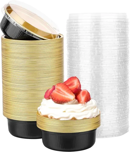 Miniatura 53 de Beasea Ramequines con tapas, 8oz 50 unidades de tazas de aluminio desechables para hornear, tazas de papel de aluminio plateado para creme brulee