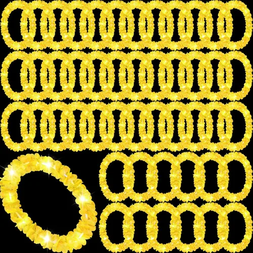 Miniatura 18 de Sherr 48 piezas Collares de leis hawaianas LED con luces LED, collares de flores de Luau para mascarada, playa, boda tropical, suministros