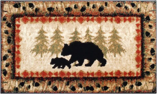 Miniatura 3 de EMMA + OLIVER Alfombra rústica con temática de cabaña o cabaña, diseño de oso y cachorro con árboles, 2 x 3 pies, borde con patrón de pista de oso