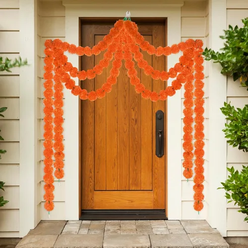 Miniatura 5 de 5 guirnaldas de caléndula para decoración, flores artificiales de caléndula de 5 pies, decoraciones Diwali para el hogar, cabezas de caléndula