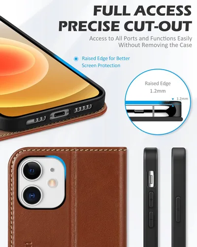 Miniatura 7 de SHIELDON Funda tipo cartera para iPhone 12 5G, de piel auténtica, con absorción de golpes, bloqueo RFID, tarjetero y soporte compatible con iPhone