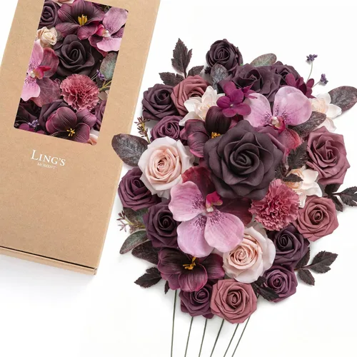 Miniatura 10 de Ling's moment Caja de Flores Falsas, Tallos de Vegetación Artificial Falsa Rosas de Espuma Dalias de Seda Hojas de Rosa Flor de Tela para Centros