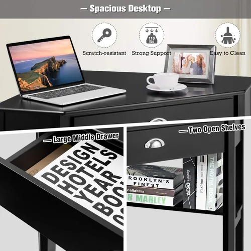 Miniatura 4 de KOTEK Escritorio esquinero con cajón y estantes, escritorio de madera para oficina en casa, escritorio de computadora triangular, escritorio de Negro