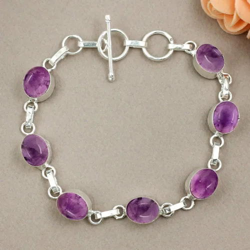 Miniatura 3 de Oval Shape Natural Gemstones Statement Bracelet for Women - 925 Silver Plated Handmade Birthstone Bohemian Vintage Style Women's Jewelry Gifts for
