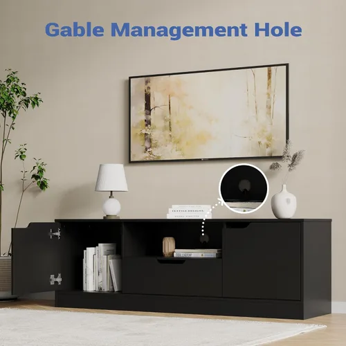 Miniatura 4 de Housoul Soporte de TV para TV de 55/60/65 pulgadas, centro de entretenimiento con 2 puertas y cajón, consola de TV multimedia con gabinete de Negro