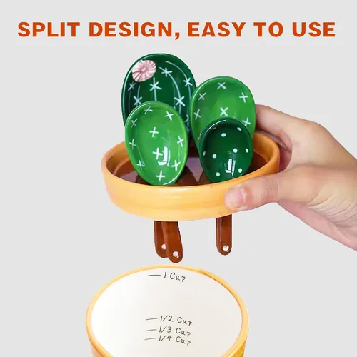 Miniatura 4 de Juego de cucharas medidoras de cactus en maceta, lindas cucharas y tazas medidoras de cerámica, cuchara para cactus de cocina con soporte, tazas 2