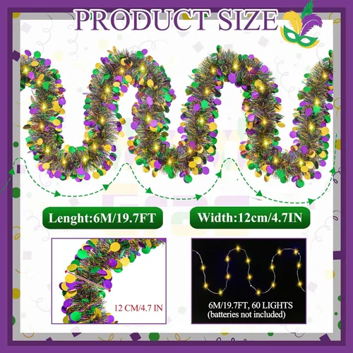 Miniatura 3 de Guirnalda de oropel de Mardi Gras de 20 pies/19.7 ft con luces LED, guirnalda metálica de oropel con pilas, guirnalda colgante de lámina colorida