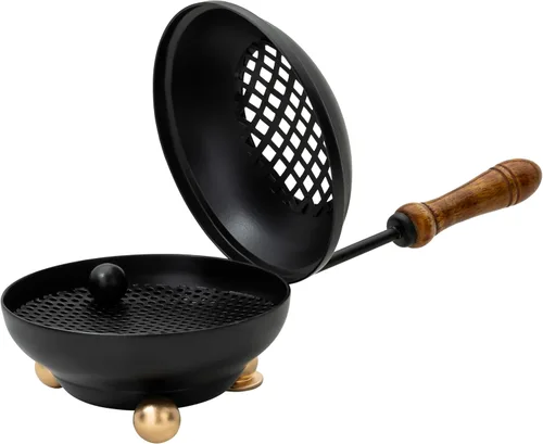 Miniatura 6 de Quemador de incienso de hierro negro con mango de madera y tapa plegable, incensario prémium de 4.72 pulgadas (diámetro) para quemar incienso