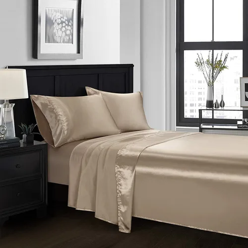Miniatura 2 de 4 piezas de sábanas de satén 100% seda pura, lujosa colección de ropa de cama ultrasuave y suave, 19 pulgadas de profundidad, 1 sábana bajera, 1