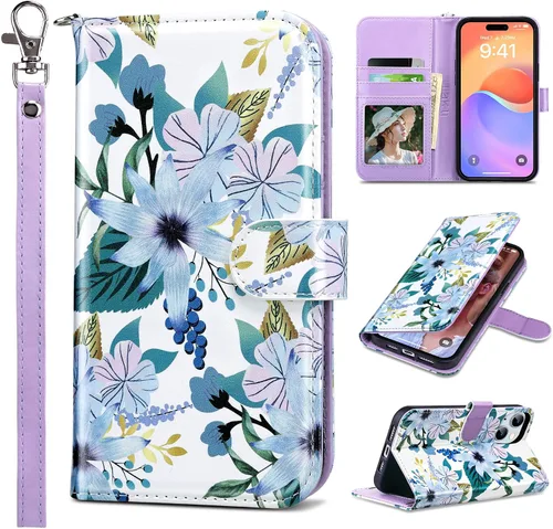 ULAK Funda Cartera compatible con iPhone 15 Plus con tarjetero, Funda con Tapa de Flores para mujeres y niñas, de cuero PU, con soporte, correa de