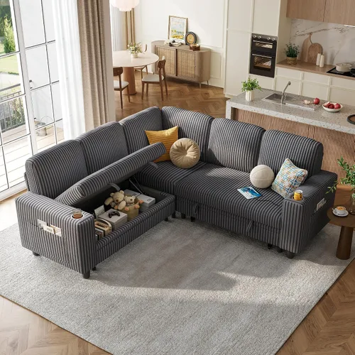 Miniatura 23 de LINSY HOME - Sofá cama extraíble modular con sección para dormir, con almacenamiento, sofá seccional de pana mullida para sala de estar, sofá cama