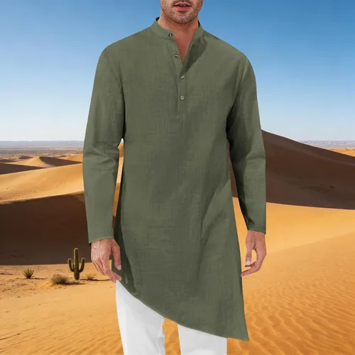 Miniatura 2 de Bata de caftán para hombre, de algodón, manga larga, estilo Henley, casual, musulmán, Kurta, tops